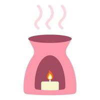 Oil burner for scent with burning candle. Aromatherapy and spa concept. Aroma oil and candle for relaxation. Accessories for relax therapy and massage. Homeopathy and ayurveda therapy vector