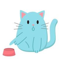 Cartoon blue fat cat points to empty bowl. Cute vector illustration. Funny print for sticker pack, emoji, emoticon. Can be used for t shirt, clothes, cards, design and decor