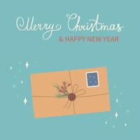 Christmas and Happy New Year envelope with, stamps and Christmas tree branch, tied with a rope. Vector design template.