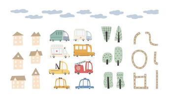 Child's city cars set with cute houses and trees. Funny transport. Cartoon vector illustration in simple childish hand-drawn Scandinavian style for kids. The fire engine, ambulance, police, bus.