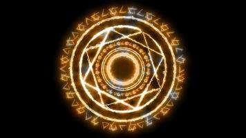 Círculo mágico chama de ouro com círculo duplo azul seis estrelas girando video