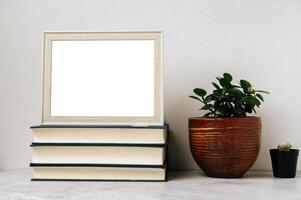 A picture frame placed on a book with a small plant pot photo