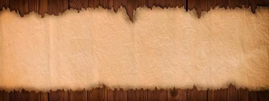 Open ancient scroll on a wooden table, panoramic paper background photo