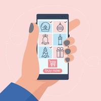 Hand holding Smartphone with icons - images of products. Christmas Shopping on smartphone, online. Vector illustration in flat style