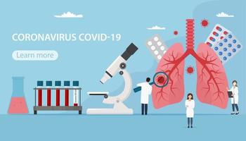 Concept of coronavirus covid-19. Small characters doctors do research lungs. Vector illustration in flat style for website, landing page