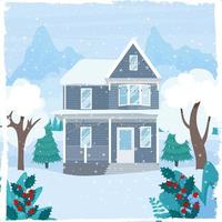 linda casa, decorada para navidad en el paisaje de montaña de invierno. ilustración vectorial en estilo plano. plantilla para pancarta, póster, tarjeta de felicitación vector