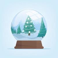 Snow globe with winter mountains landscape and fir tree. Vector isolated illustration