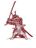 Samurai Warrior or Ronin Japanese Fighter Bushido Action with Armor and Weapon Cartoon Graphic Vector