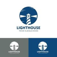 Lighthouse with sunrise flat style logo vector icon illustration design