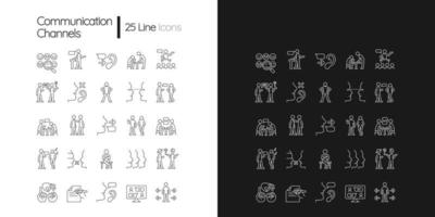 Communication channel linear icons set for dark and light mode vector