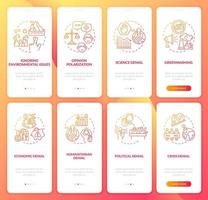 Climate skepticism red gradient onboarding mobile app page screen set vector