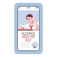 adicción al alcohol ayuda pantalla de aplicación de vector de teléfono inteligente de dibujos animados