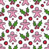 Christmas holly ilex and cookies - seamless color background in flat style. new year and winter holiday vector
