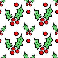 Christmas holly ilex seamless colored background in flat style. New Year and winter holiday vector