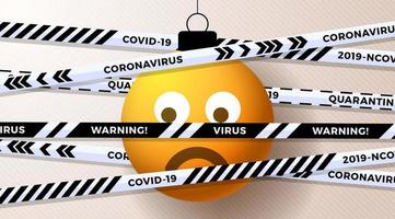 Yellow emoji sad christmas ball and Quarantine biohazard danger. white black stripes. Coronavirus Covid-19 and christmas or new year canceled concept. Vector illustration