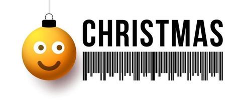 Merry christmas yellow ball with cute face greeting sale card. Christmas discount bar code vector illustration with smile face bauble