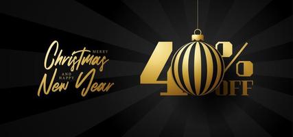 Merry christmas big Sale banner. Luxury Christmas Sale 40 percent off black royal banner template with decorated golden ball hang on a thread. Happy new year and xmas Vector illustration