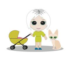 una niña con un cochecito con un niño y un gato esfinge. vector