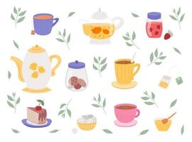 Cute tea set with cups, pots and sweets vector