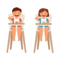 Toddler boy and girl eat in a high chair vector