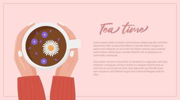 Hands holding cup of tea. Web banner template vector