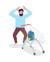 Shocked man with shopping cart semi flat color vector character