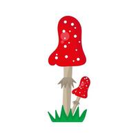 Amanita muscaria en pasto aislado sobre fondo blanco. Ilustración de vector dibujado a mano.