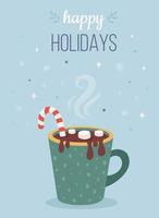 bebida caliente navideña con malvavisco y bastón de caramelo. felices fiestas tarjeta de felicitación. vector