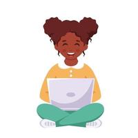 Black girl sitting with laptop. Online learning, back to school vector