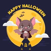 Halloween greeting with a cute vampire bat and night background vector