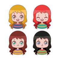 Collection of cute girl avatars with four different expressions and color schemes vector