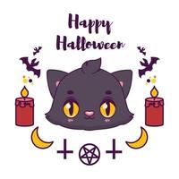 Cute Halloween greeting with a cheerful black cat and spooky elements vector