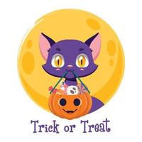 Halloween Trick or Treat illustration with cute cat holding a pumpkin full of sweets vector