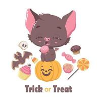 Tarjeta de felicitación de truco o trato de Halloween con lindo murciélago y dulces vector