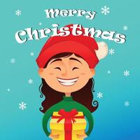 Merry Christmas. Cheerful girl with gift box vector