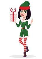 Merry Christmas. Elf woman holding gift box. vector
