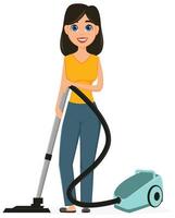 Housewife vacuuming home with a vacuum cleaner. Pretty woman doing domestic work. vector