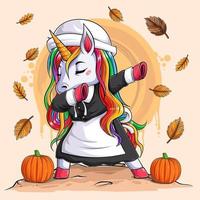 unicornio divertido con disfraz de peregrino bailando dabbing para el día de acción de gracias y el día nacional de la calabaza vector