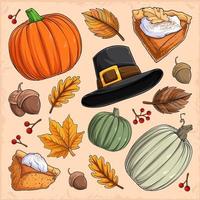 Thanksgiving elements collection, pumpkin pie, pilgrim hat, nuts, cranberries and leaves vector