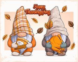 Hand drawn cute gnomes in thanksgiving disguise holding pumpkin pie and glazed turkey vector