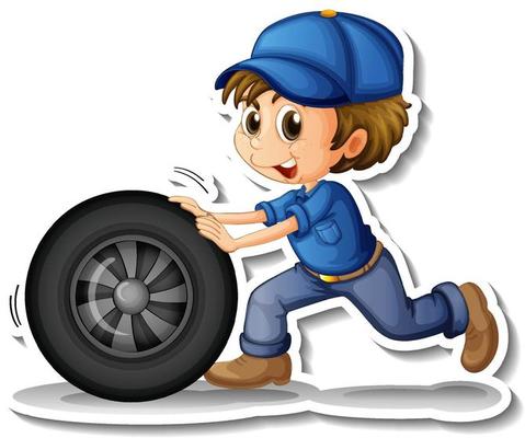 Sticker design with auto mechanic cartoon character