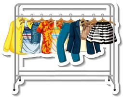 A sticker template of Clothes racks with many clothes on hangers on white background vector