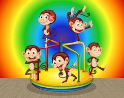 Many monkeys with carousel on rainbow gradient background vector
