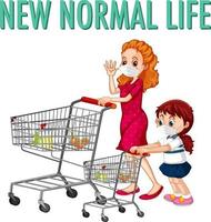 nueva vida normal con una mujer y una niña empujar carrito de compras vector