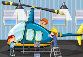 Scene with children repairing helicopter together vector