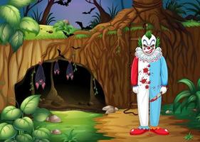 Dark forest scene with creepy clown cartoon character vector