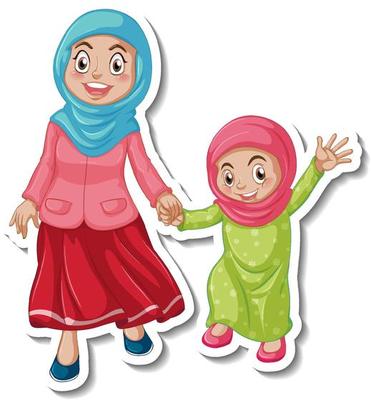 A sticker template with muslim people mother and daughter