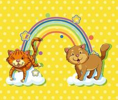 Two cats on the cloud with rainbow on yellow polka dot background vector