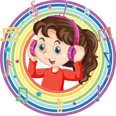 Girl wear headphone in rainbow round frame with melody symbols