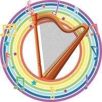 Harp in rainbow round frame with melody symbols vector